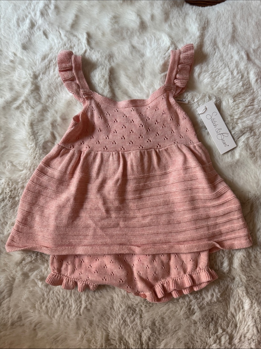 Pink Knit One-Piece with Ruffle Straps and Built in Bloomers